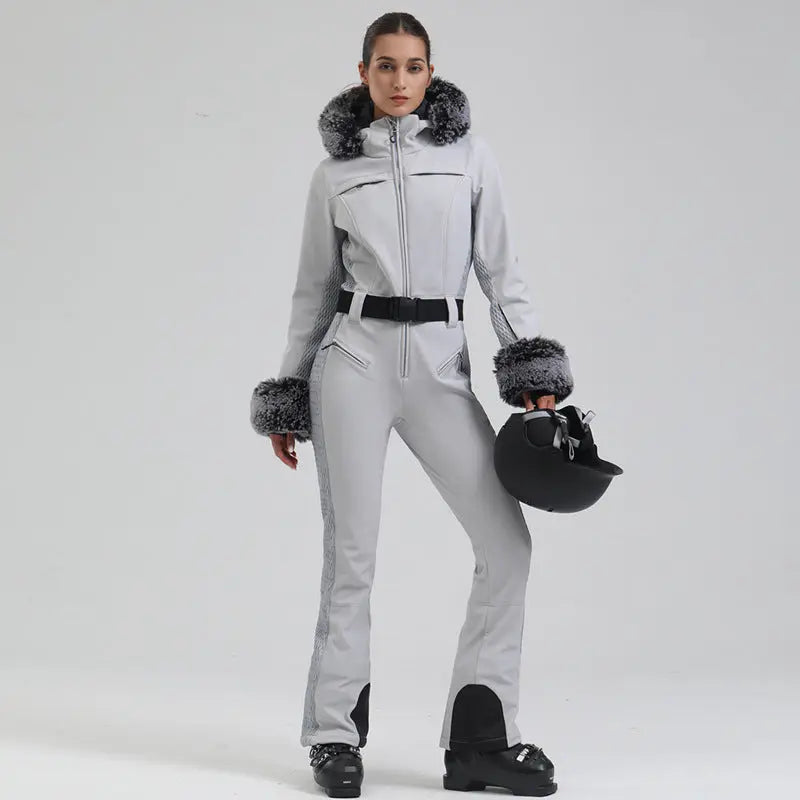 Chic Faux-Fur Hood One-piece Snowsuits Slim Fit Ski Jumpsuits 