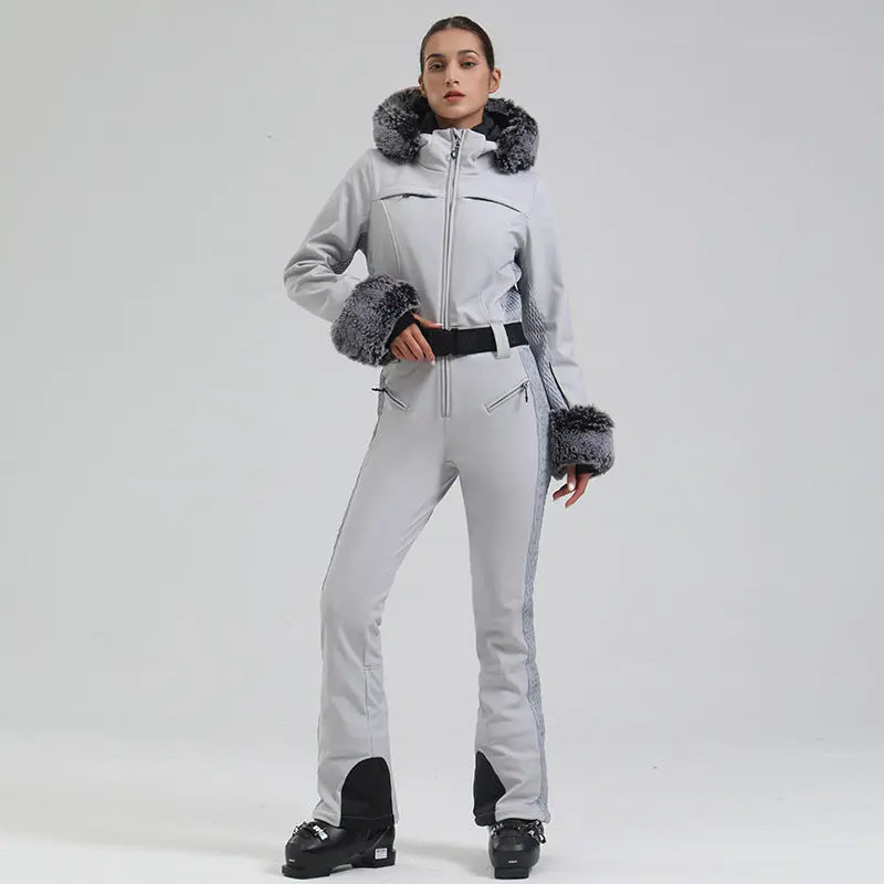 Chic Faux-Fur Hood One-piece Snowsuits Slim Fit Ski Jumpsuits 