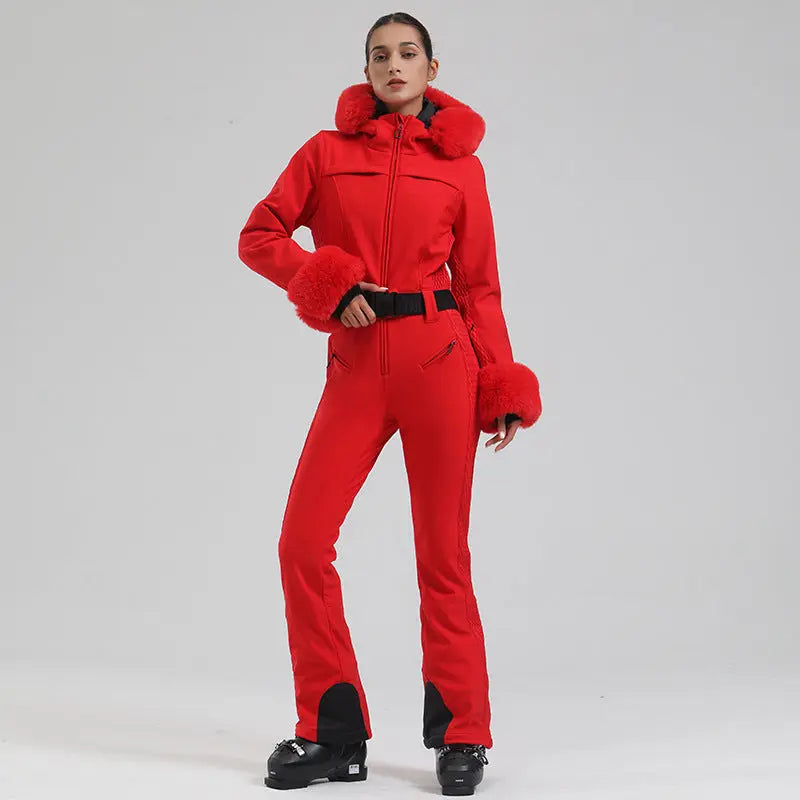 Chic Faux-Fur Hood One-piece Snowsuits Slim Fit Ski Jumpsuits 