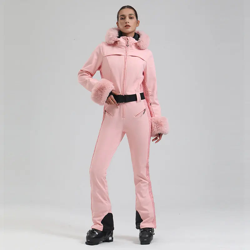 Chic Faux-Fur Hood One-piece Snowsuits Slim Fit Ski Jumpsuits 