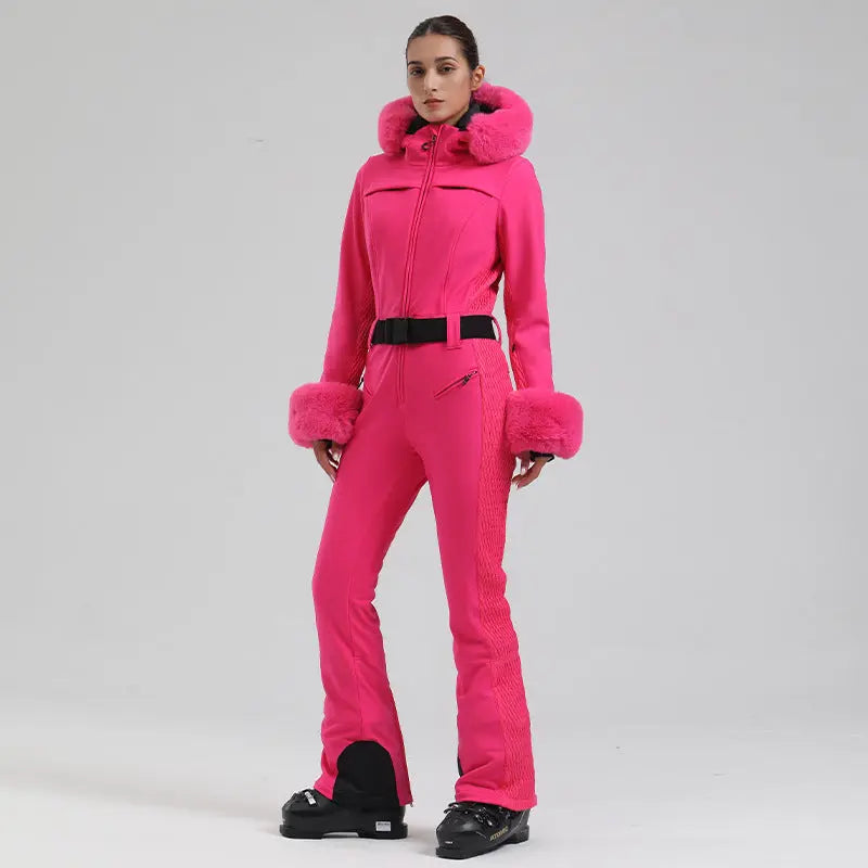 Chic Faux-Fur Hood One-piece Snowsuits Slim Fit Ski Jumpsuits 