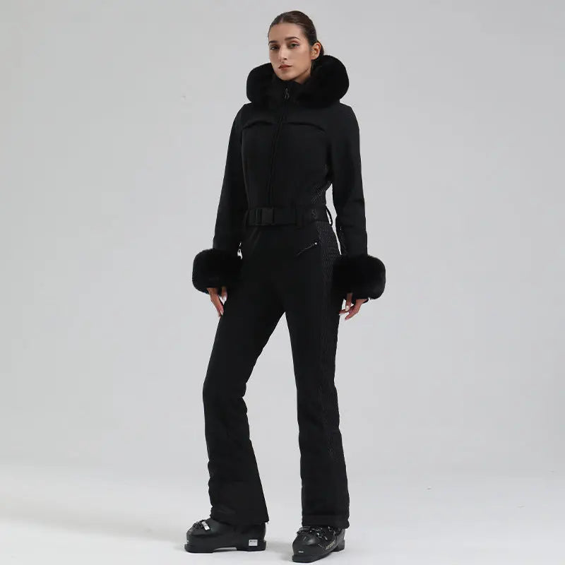 Chic Faux-Fur Hood One-piece Snowsuits Slim Fit Ski Jumpsuits 