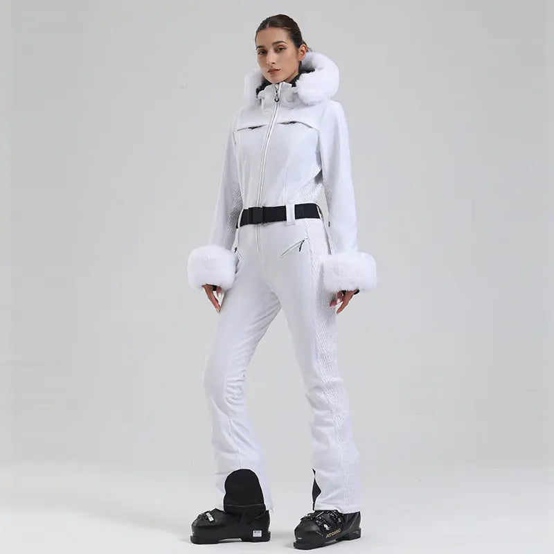 Chic Faux-Fur Hood One-piece Snowsuits Slim Fit Ski Jumpsuits 