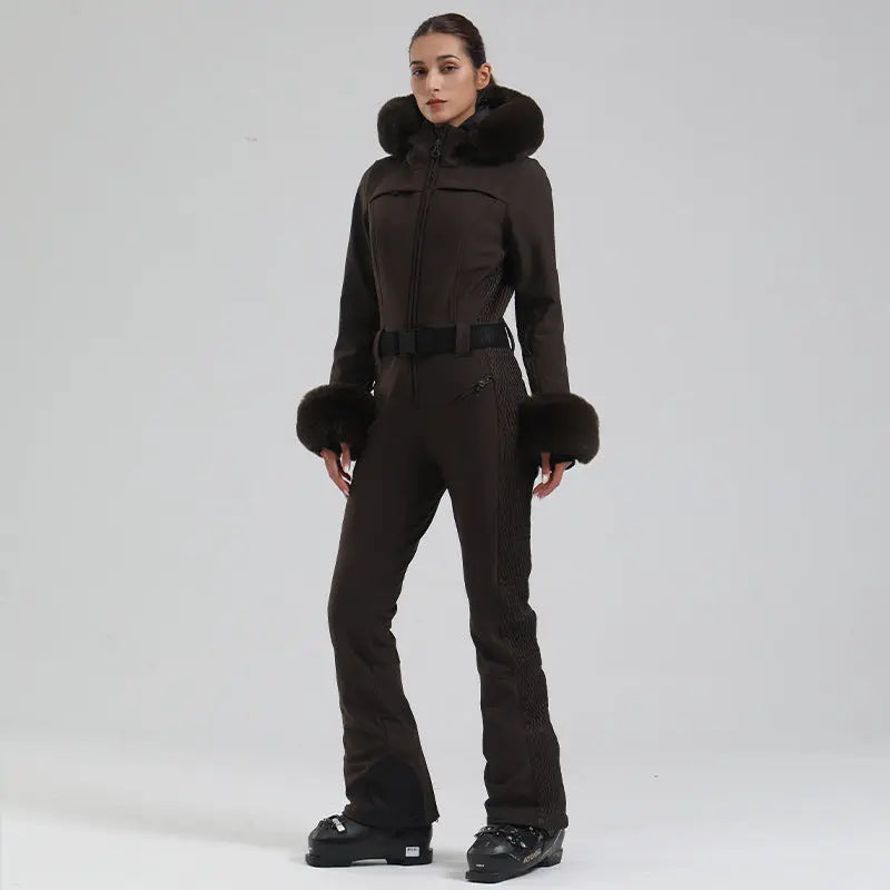 Chic Faux-Fur Hood One-piece Snowsuits Slim Fit Ski Jumpsuits 