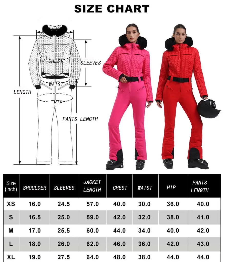 Chic Faux-Fur Hood One-piece Snowsuits Slim Fit Ski Jumpsuits 