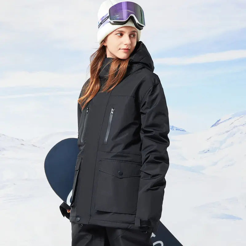 Classical Cargo Snowboarding Jacket Women Solid Color Ski Coat 