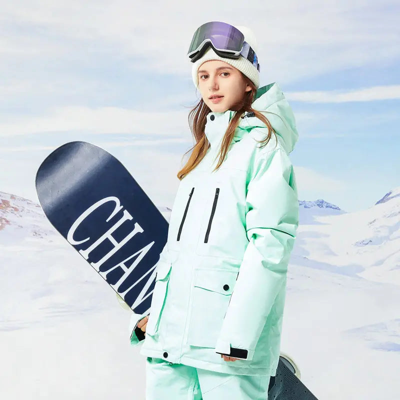 Classical Cargo Snowboarding Jacket Women Solid Color Ski Coat 