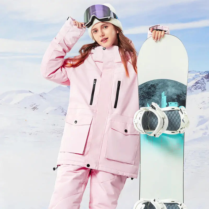 Classical Cargo Snowboarding Jacket Women Solid Color Ski Coat 