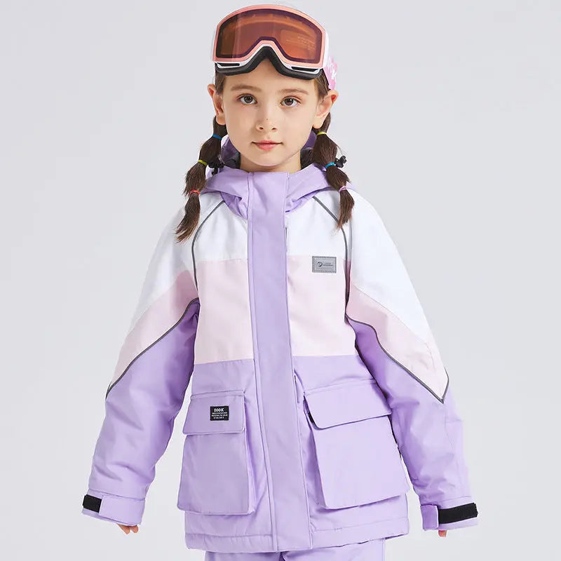 Cute Colorblock Ski Snow Jackets for Kids Windproof Snow Overalls HOTIANSNOW