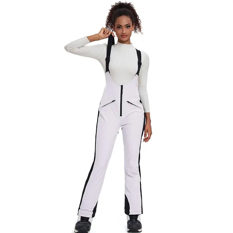 Elegant Winter Snow Bibs Pants Women High Waist Ski Overalls 