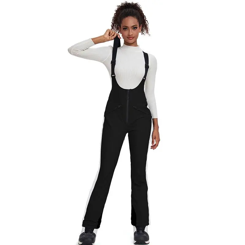 Elegant Winter Snow Bibs Pants Women High Waist Ski Overalls 