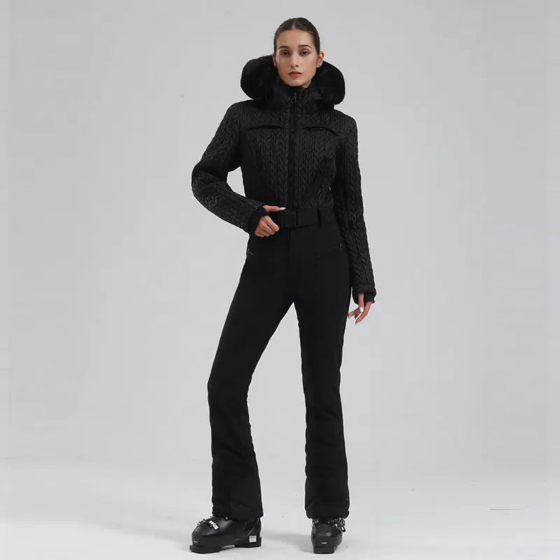 Extremely Warm One-piece Snowsuits Women Hooded Fur Collar Ski Wear HOTIANSNOW