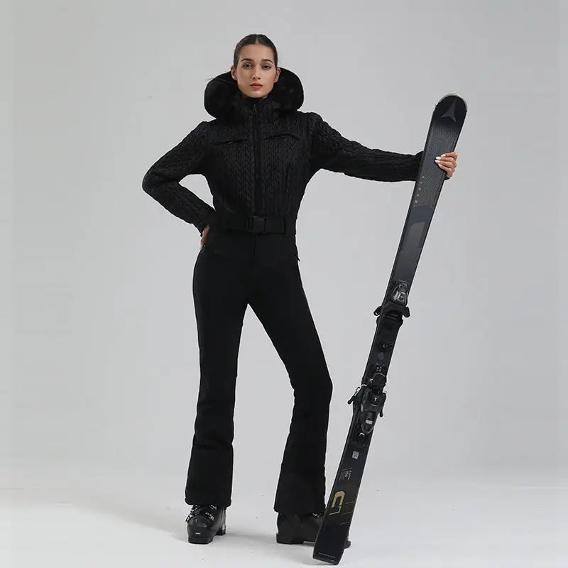 Extremely Warm One-piece Snowsuits Women Hooded Fur Collar Ski Wear HOTIANSNOW