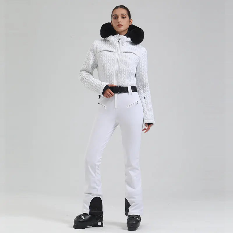 Extremely Warm One-piece Snowsuits Women Hooded Fur Collar Ski Wear HOTIANSNOW