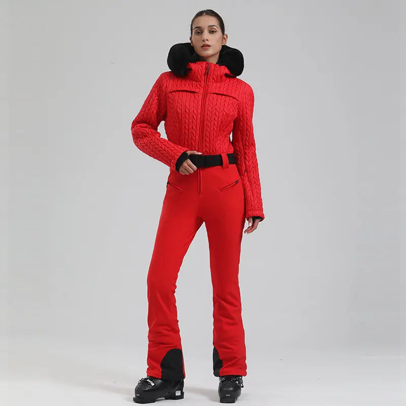 Extremely Warm One-piece Snowsuits Women Hooded Fur Collar Ski Wear HOTIANSNOW