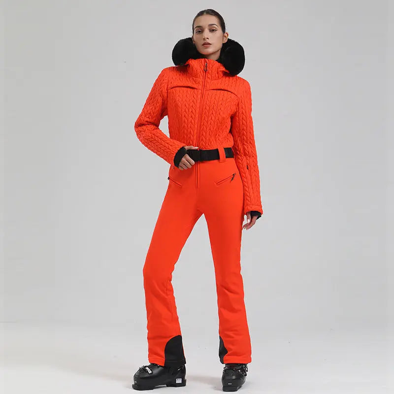 Extremely Warm One-piece Snowsuits Women Hooded Fur Collar Ski Wear HOTIANSNOW