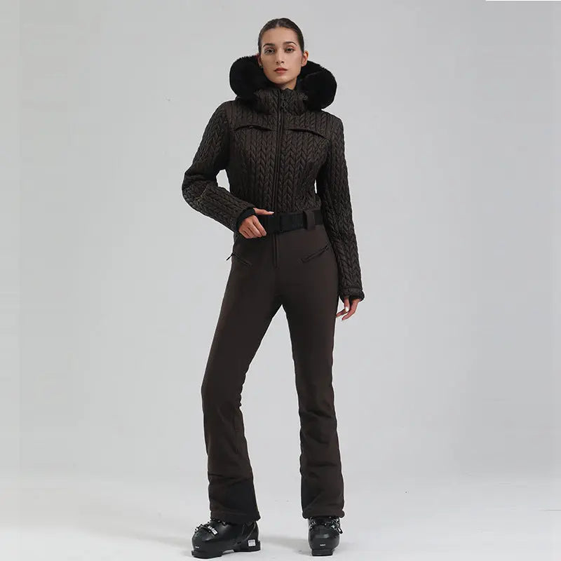 Extremely Warm One-piece Snowsuits Women Hooded Fur Collar Ski Wear HOTIANSNOW