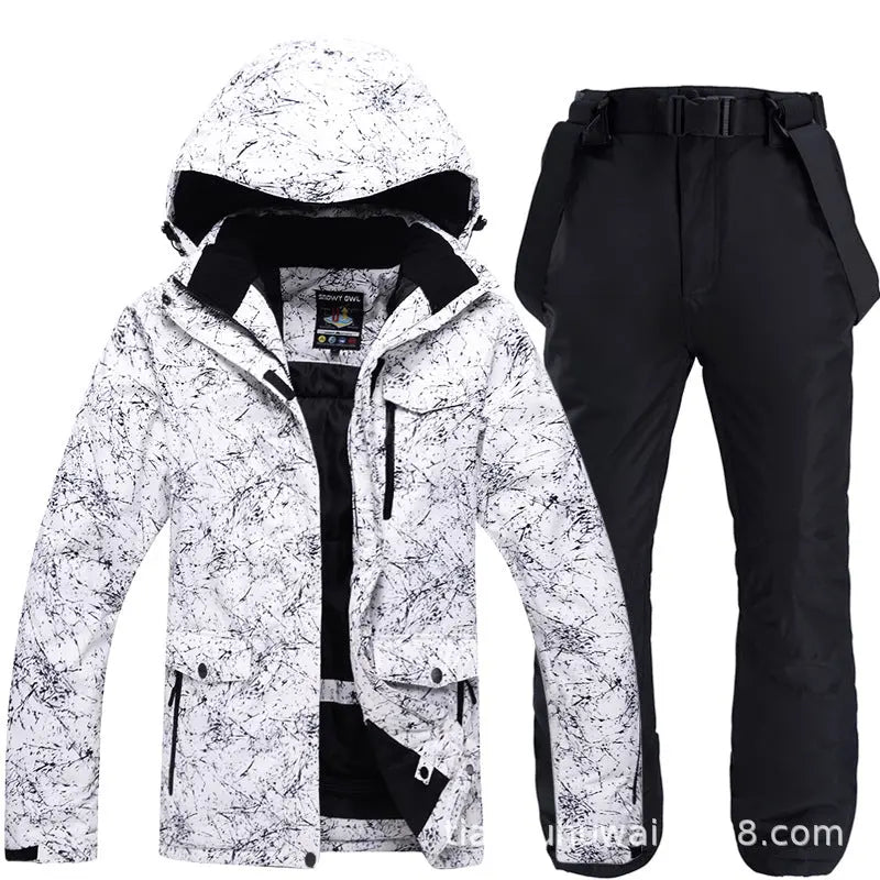 HOTIAN Men Marble Pattern Hooded Snowboard Ski Jacket and Pants Set HOTIANSNOW