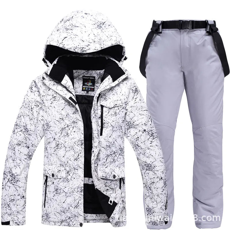 HOTIAN Men Marble Pattern Hooded Snowboard Ski Jacket and Pants Set HOTIANSNOW