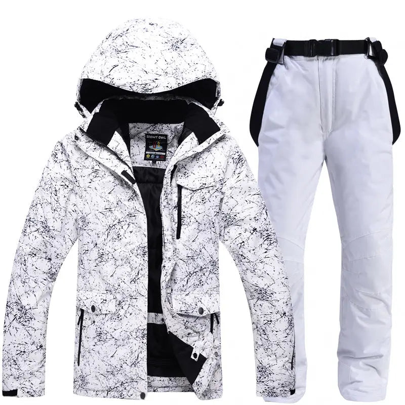 HOTIAN Men Marble Pattern Hooded Snowboard Ski Jacket and Pants Set HOTIANSNOW