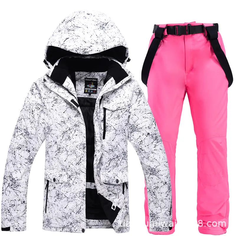 HOTIAN Men Marble Pattern Hooded Snowboard Ski Jacket and Pants Set HOTIANSNOW