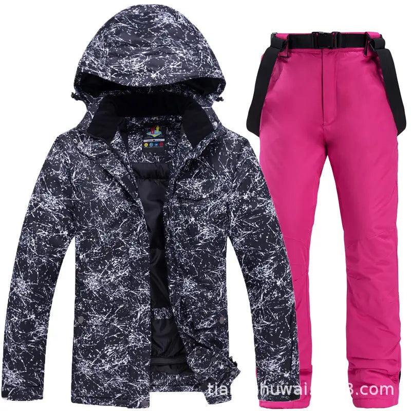 HOTIAN Men Marble Pattern Hooded Snowboard Ski Jacket and Pants Set HOTIANSNOW