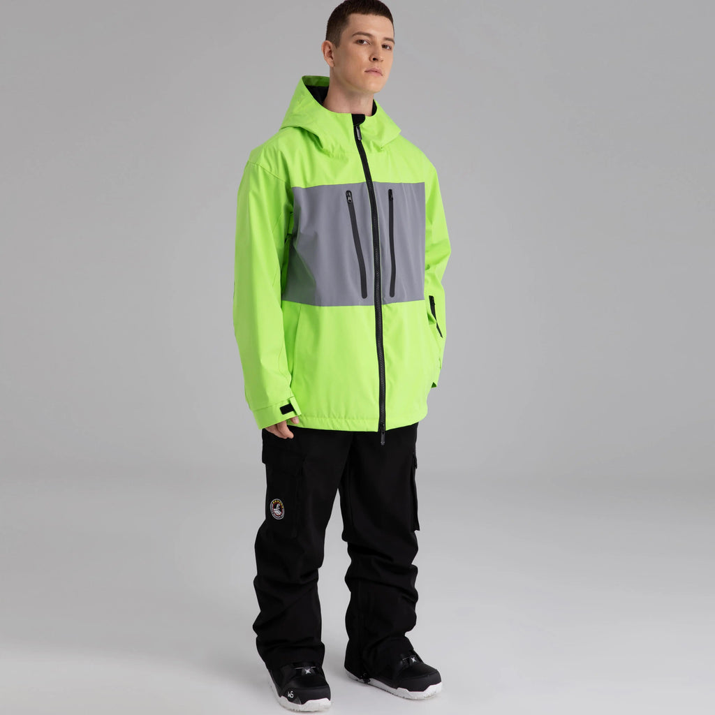 HOTIAN Men Neon Colorblock Zip Windbreaker Hooded Ski Shell Jacket HOTIAN