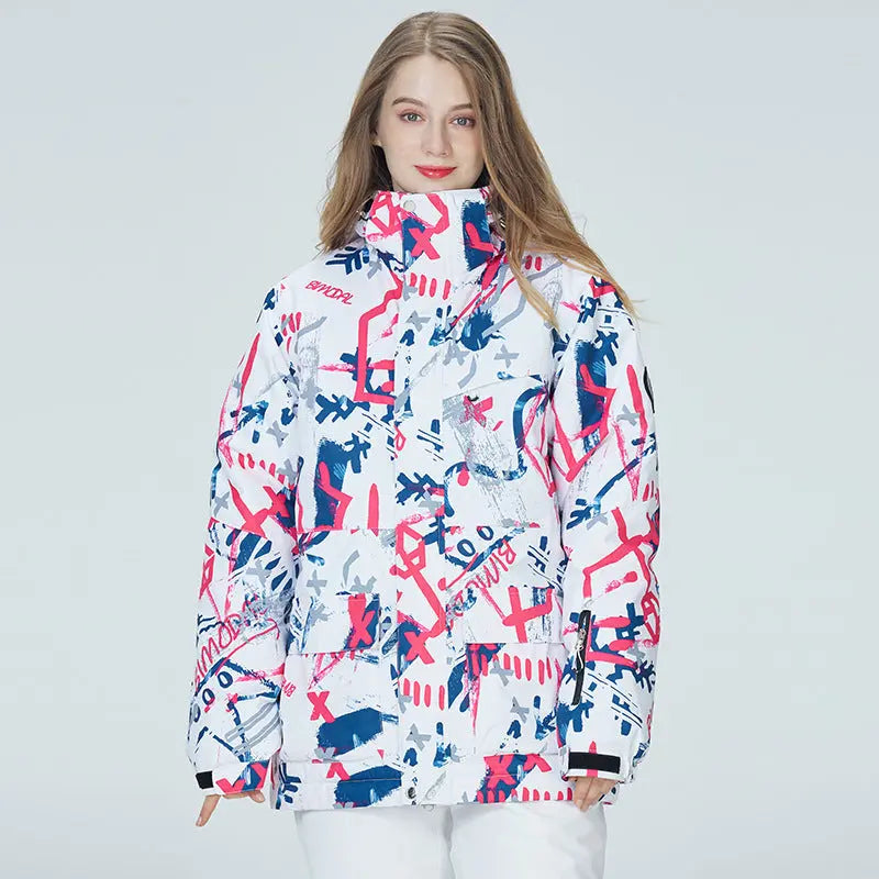 HOTIAN Women's Graffiti Print Hooded Ski Cargo Jacket HOTIAN