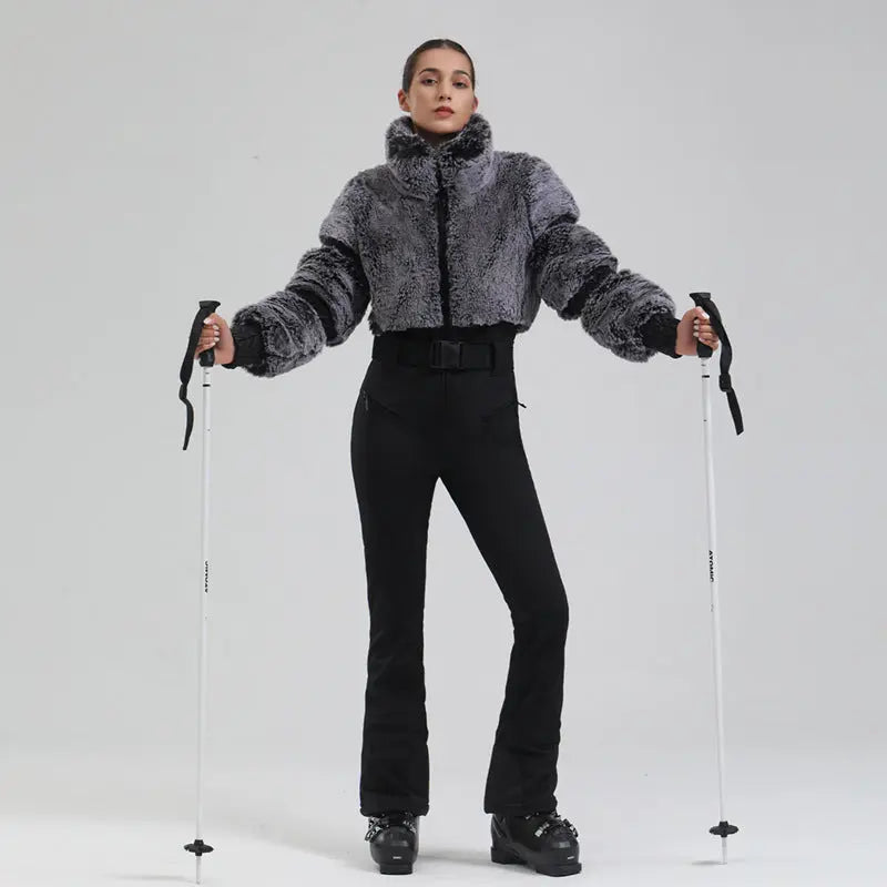 Ladies Tight One-piece Ski Jumpsuits High Pile Fleece Snowsuits 