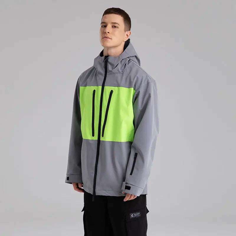 Men Neon Colorblock Hooded Ski Jacket Durable Snow Coat 