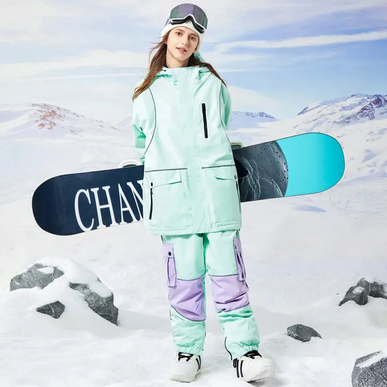 Retro Reflective Snowboard Suit Women Winter Ski Jacket & Pants Set 