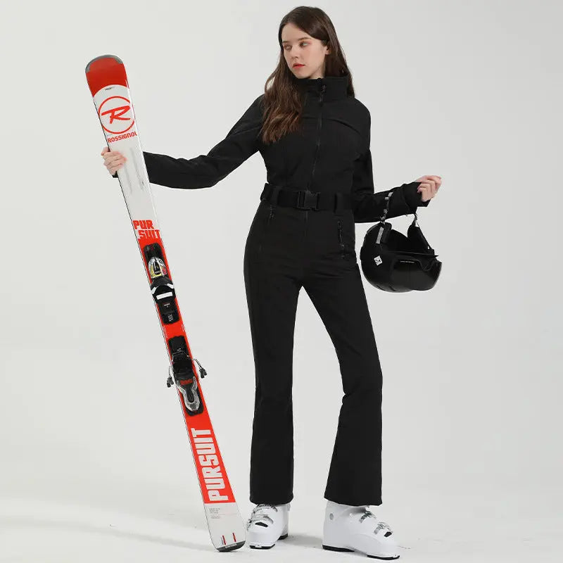 Slim Fit One Piece Ski Suit Belted Outdoor Snow Jumpsuits 