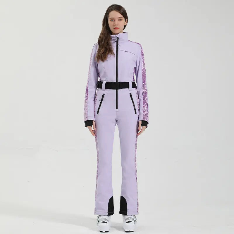 Slim Fit One Piece Ski Suit Belted Outdoor Snow Jumpsuits 