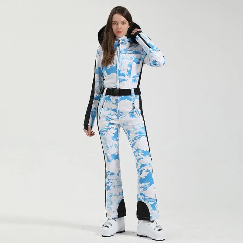 Unique Printed One-piece Ski Rompers Fur Hooded Snowsuits 