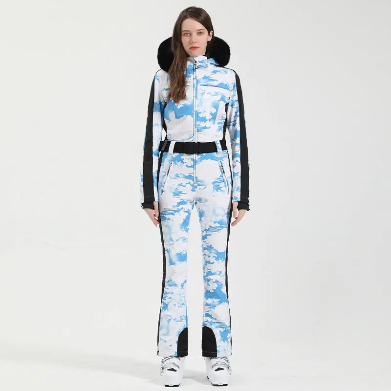 Unique Printed One-piece Ski Rompers Fur Hooded Snowsuits 