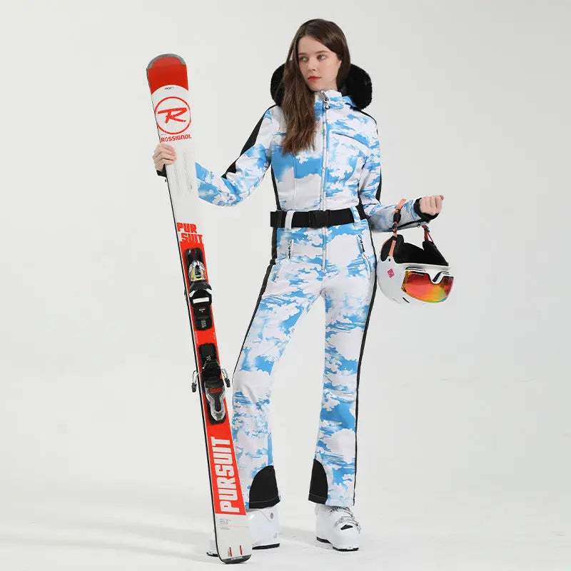 Unique Printed One-piece Ski Rompers Fur Hooded Snowsuits 