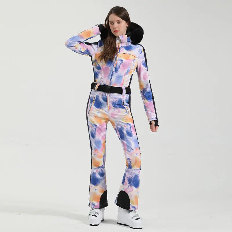 Unique Printed One-piece Ski Rompers Fur Hooded Snowsuits 