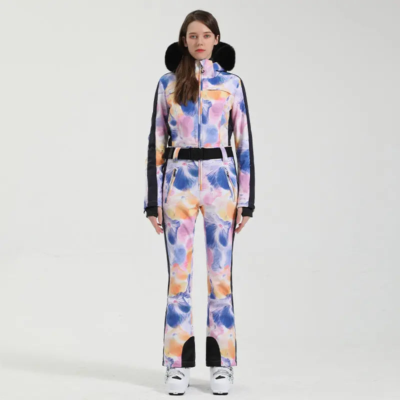 Unique Printed One-piece Ski Rompers Fur Hooded Snowsuits 