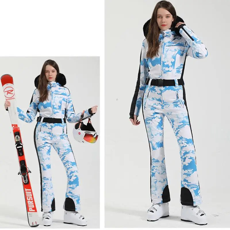 Unique Printed One-piece Ski Rompers Fur Hooded Snowsuits 