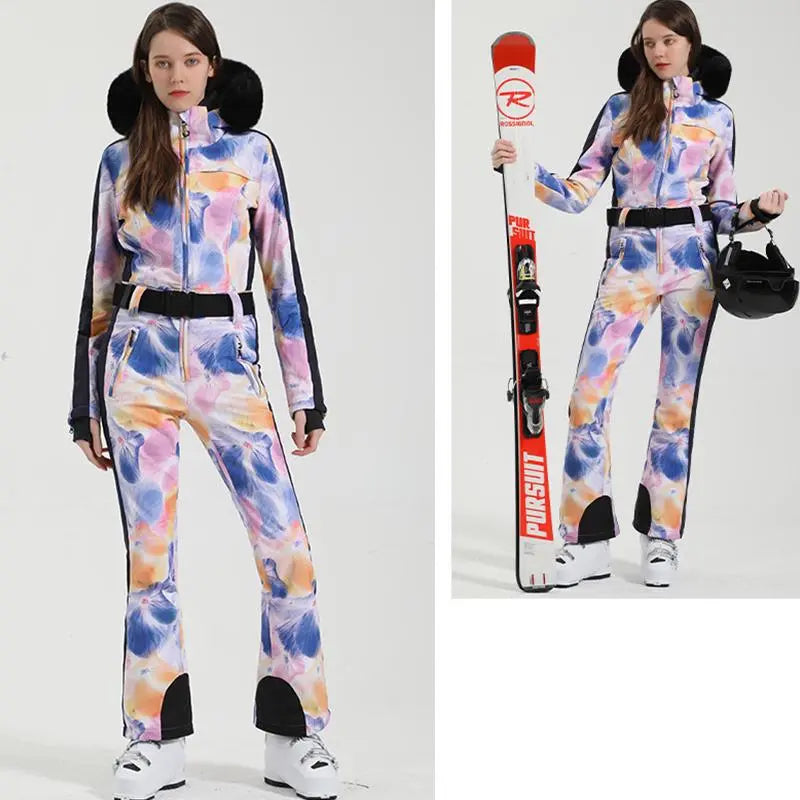 Unique Printed One-piece Ski Rompers Fur Hooded Snowsuits 