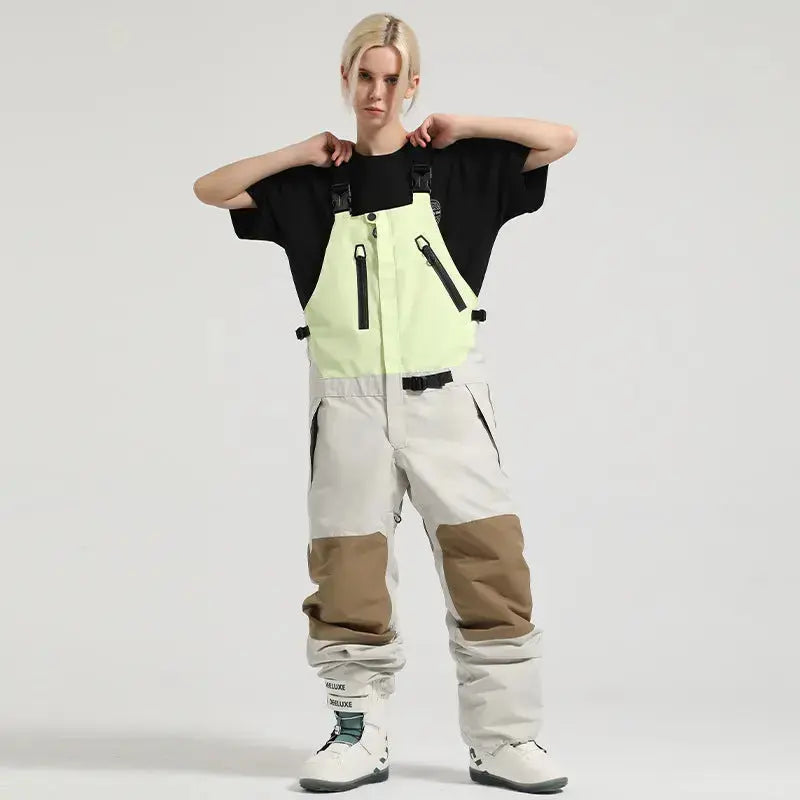 Unisex Colorblock Snowboard Bib Overalls Baggy Ski Pants 