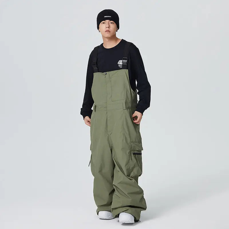 Unisex Hip-hop Ski Pants Baggy Belted Snow Bibs Overalls 