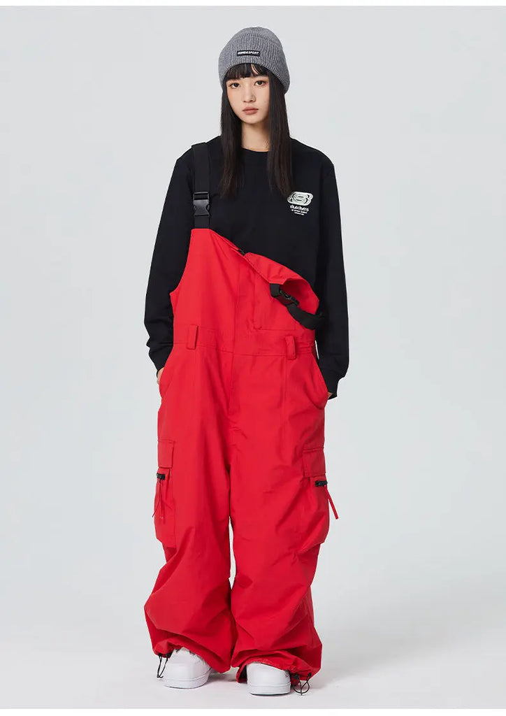 Unisex Hip-hop Ski Pants Baggy Belted Snow Bibs Overalls 