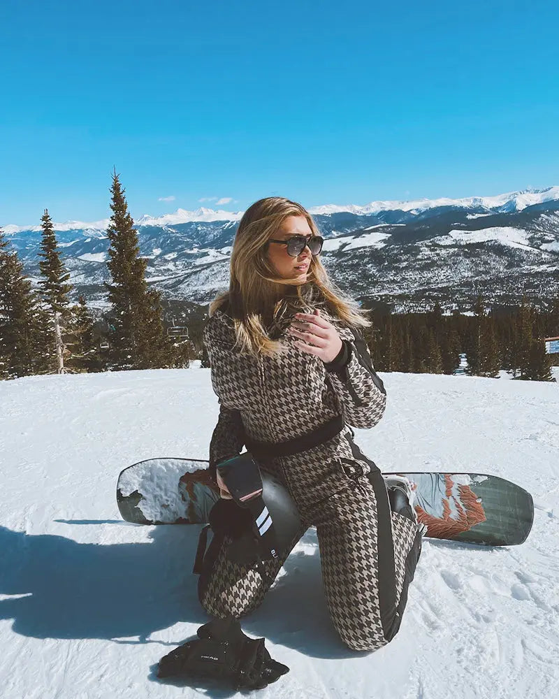 Women Chic One-piece Ski Jumpsuits Houndstooth Snow Outfits  