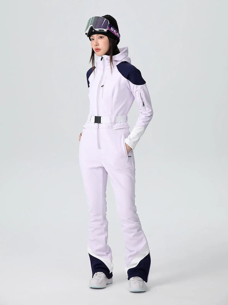 Women Fitted Stretch Ski Jumpsuit Elegant One-piece Flare Snowsuits 