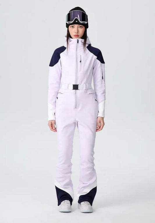 Women Fitted Stretch Ski Jumpsuit Elegant One-piece Flare Snowsuits 