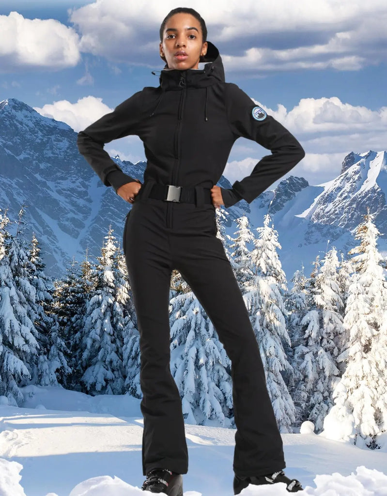 Women Hooded One Piece Jumpsuits Belted Slim Fit Snowsuits Top Level 