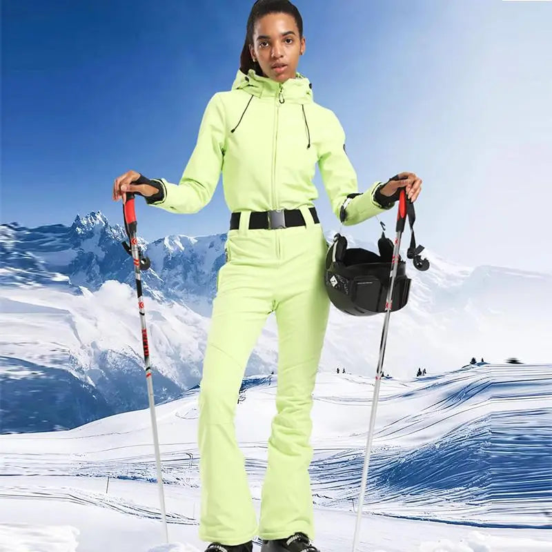 Women Hooded One Piece Jumpsuits Belted Slim Fit Snowsuits Top Level 