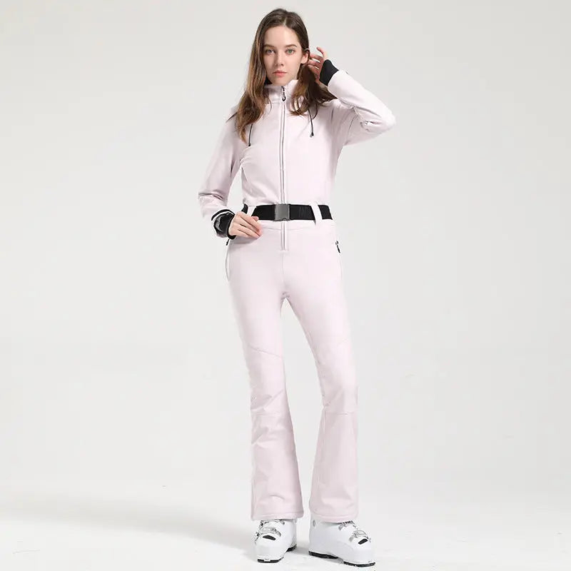 Women Hooded One Piece Ski Jumpsuits Belted Slim Fit Snowsuits Top Level 