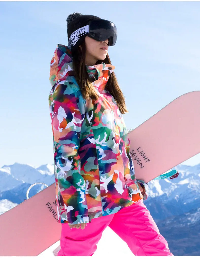 Women Hooded Ski Jacket & Bibs Pants Suits Printed Snowboard Outwear 